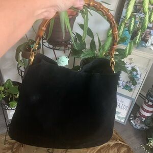 Gucci Black Bamboo Handle Suede Shoulder Bag